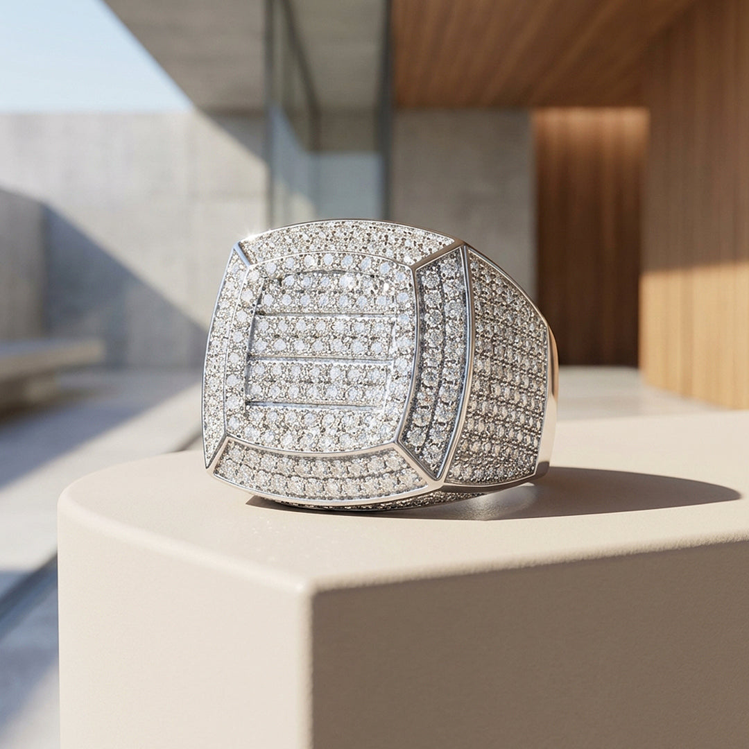 Iced Cushion Signet Moissanite Men Ring | 925 Sterling Silver | PRM1022