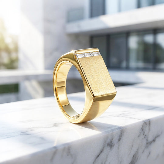 Gold Bar Signet Moissanite Men Ring | 925 Sterling Silver | PRM1023