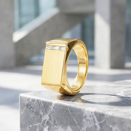 Gold Bar Signet Moissanite Men Ring | 925 Sterling Silver | PRM1023