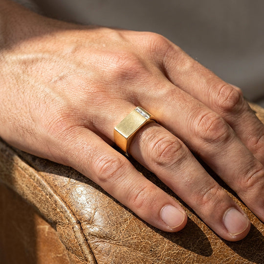 Gold Bar Signet Moissanite Men Ring | 925 Sterling Silver | PRM1023