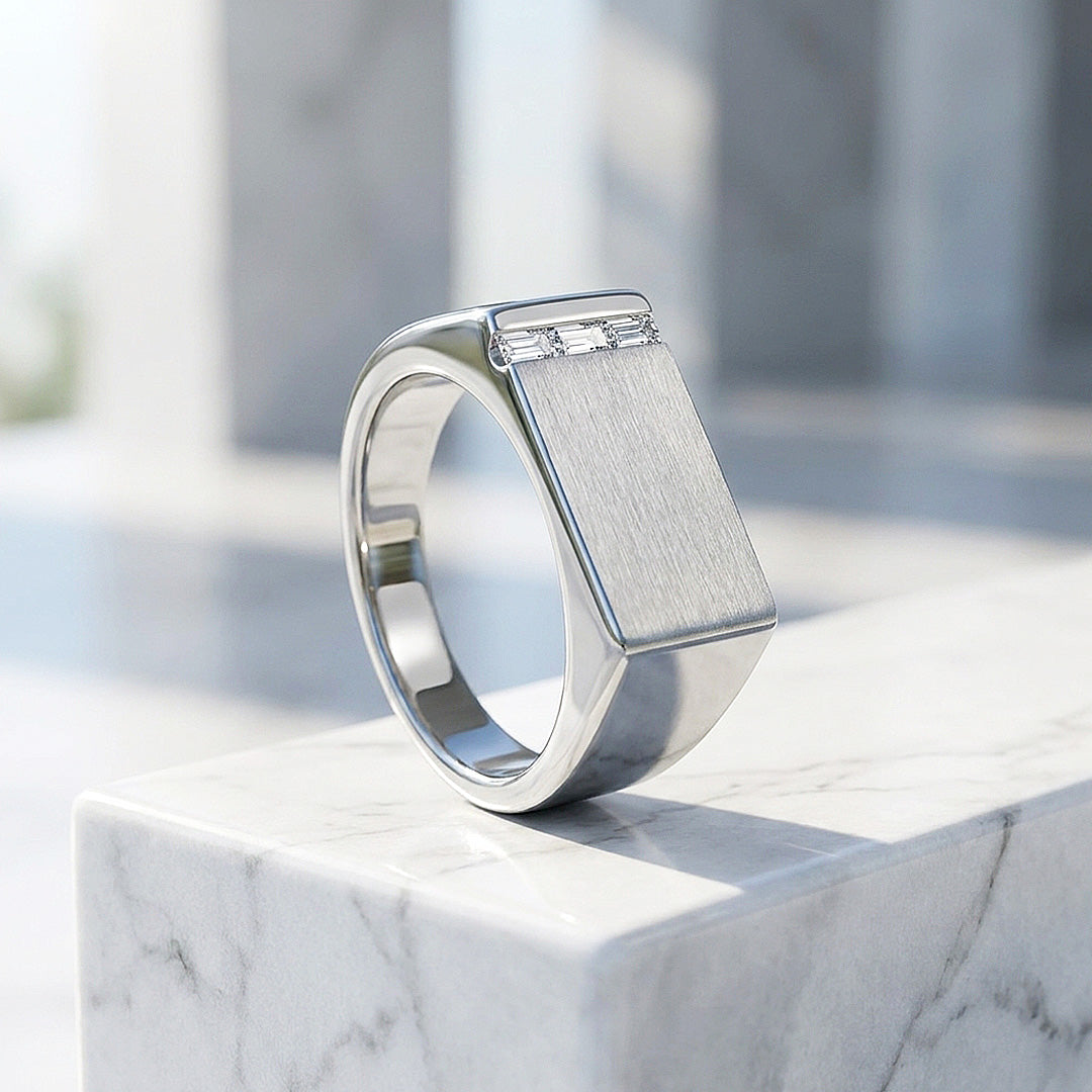 Silver Bar Signet Moissanite Men Ring | 925 Sterling Silver | PRM1024