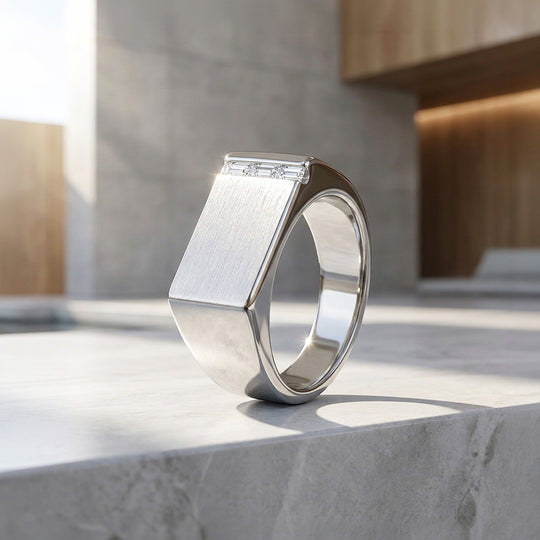 Silver Bar Signet Moissanite Men Ring | 925 Sterling Silver | PRM1024