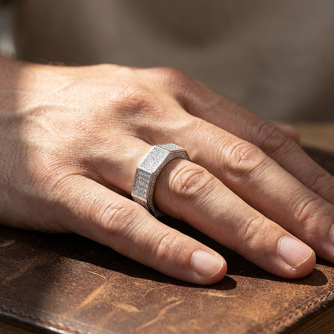 Octagonal Pavé Moissanite Men Ring | 925 Sterling Silver | PRM1025