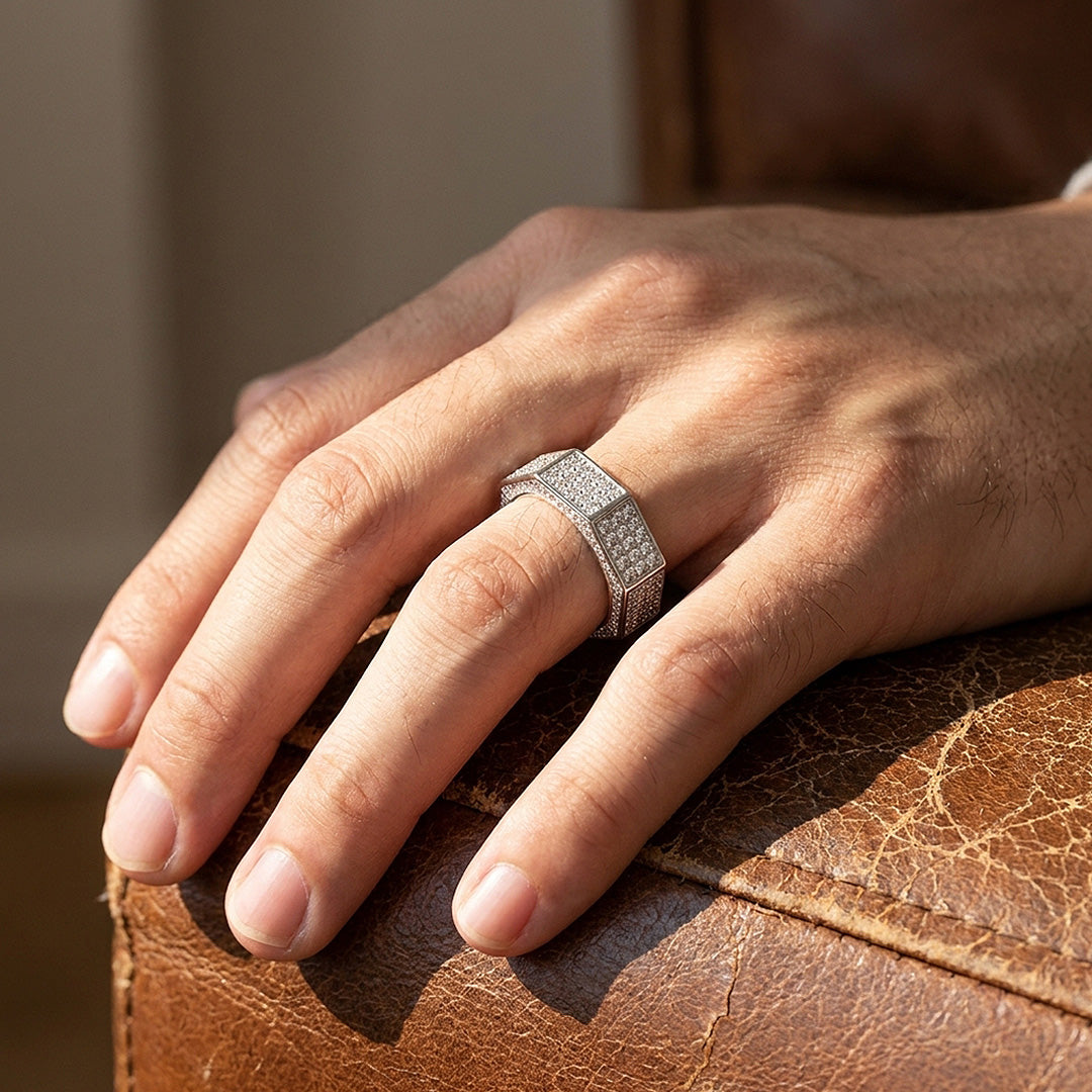 Octagonal Pavé Moissanite Men Ring | 925 Sterling Silver | PRM1025