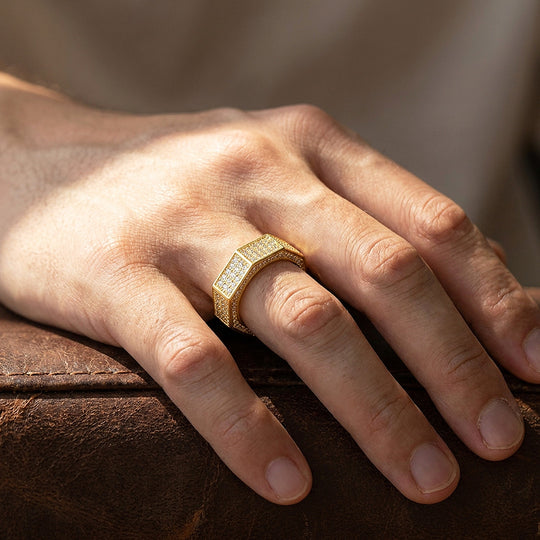Gold Octagonal Pavé Moissanite Men Ring | 925 Sterling Silver | PRM1026