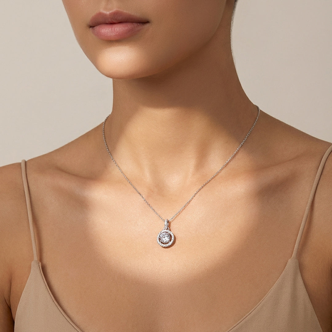 Round Halo Moissanite Solitaire Pendant Necklace | PRM2004