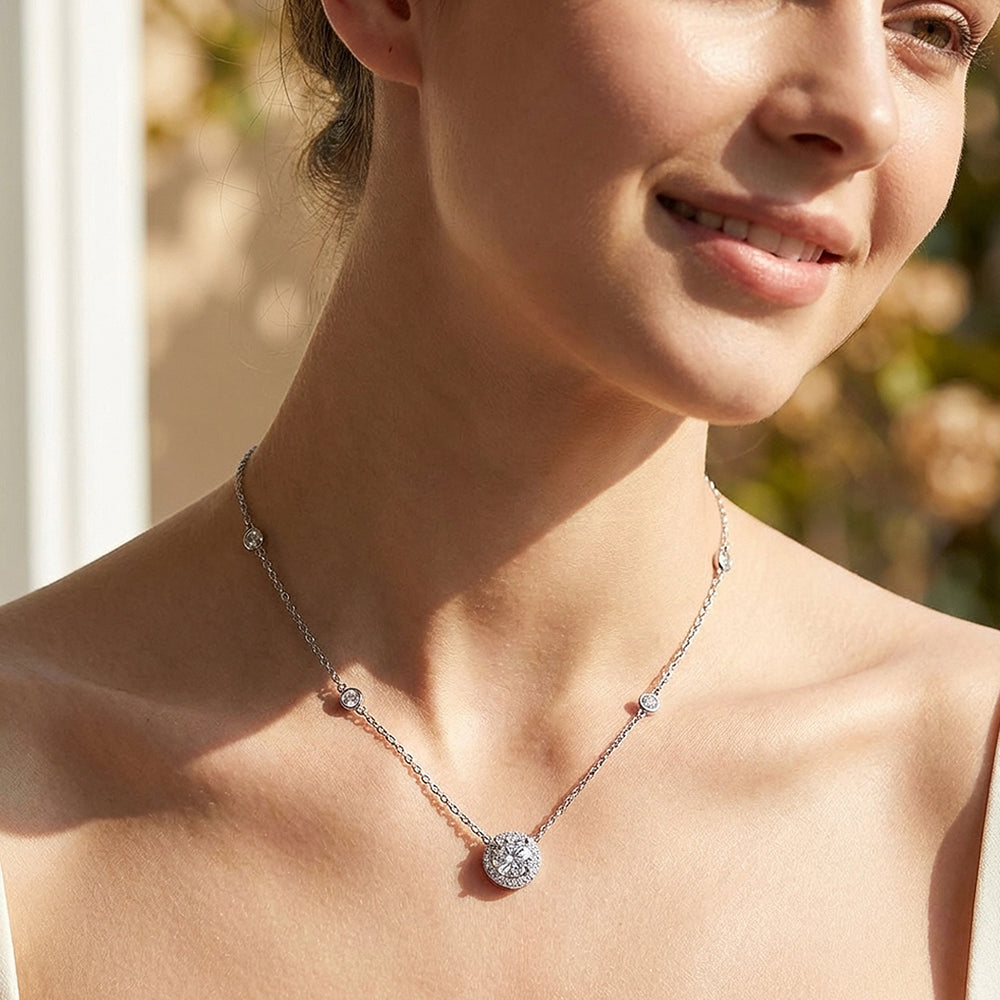 Round Halo Station Moissanite Pendant Necklace | PRM2007