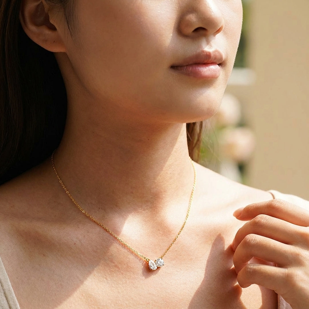 Toi et Moi Pear &amp; Round Moissanite Pendant Necklace | PRM2026