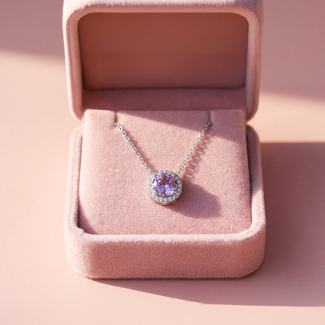 Round Halo Necklace | 925 Sterling Silver | Purple | Prm2032