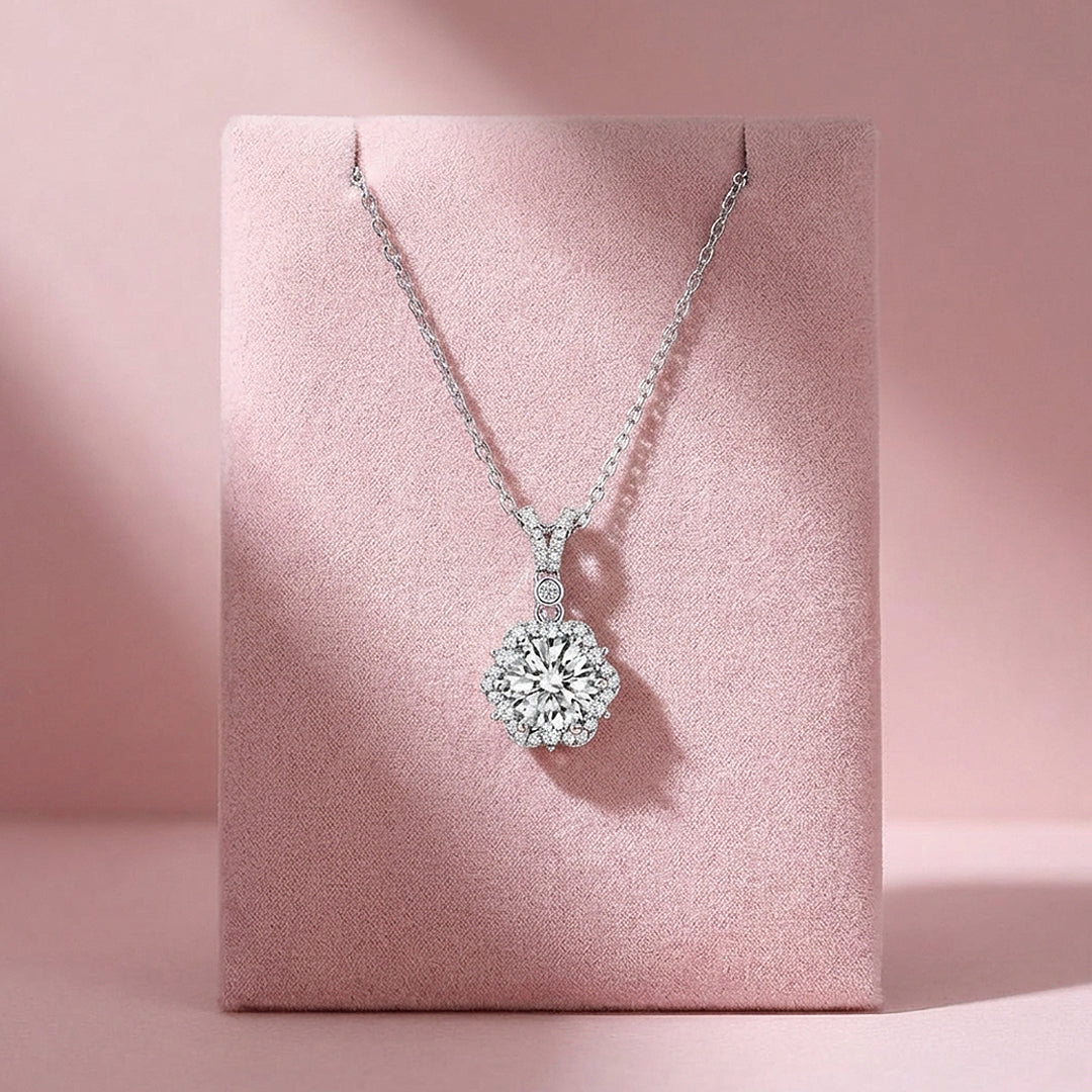 Floral Halo Moissanite Solitaire Pendant Necklace | PRM2041