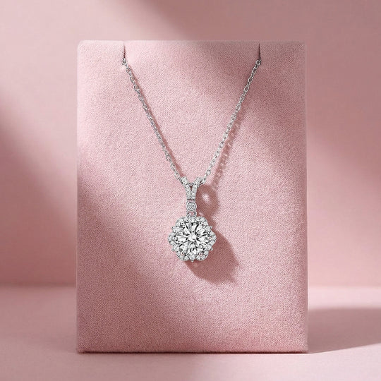 Floral Halo Moissanite Solitaire Pendant Necklace | PRM2041