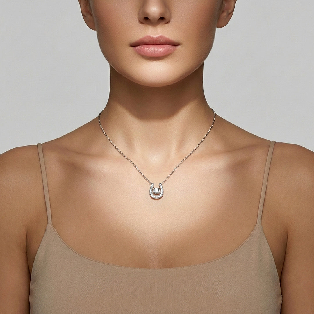 Horseshoe Halo Moissanite Solitaire Pendant Necklace | PRM2043