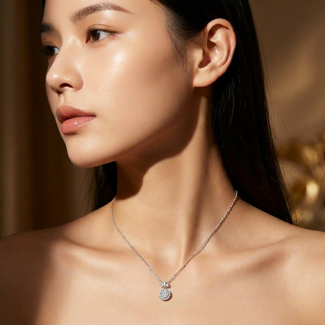 Bow &amp; Round Halo Moissanite Pendant Necklace | PRM2049