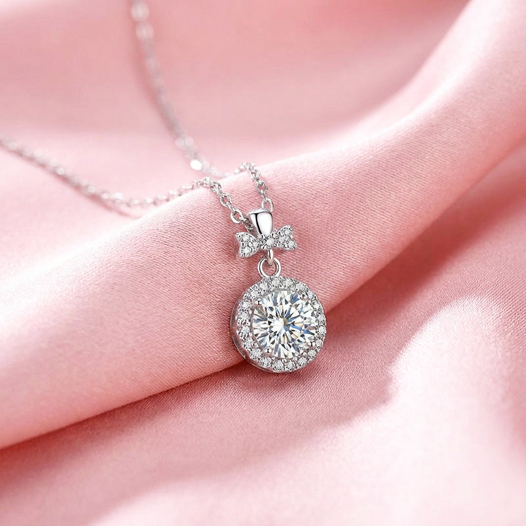 Bow &amp; Round Halo Moissanite Pendant Necklace | PRM2049