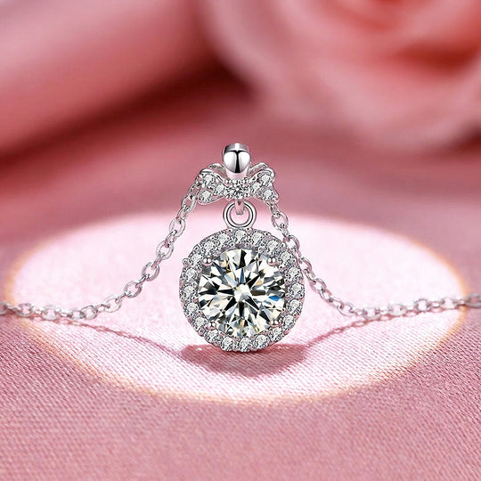 Bow &amp; Round Halo Moissanite Pendant Necklace | PRM2049