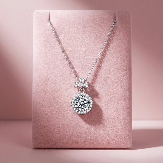 Bow &amp; Round Halo Moissanite Pendant Necklace | PRM2049