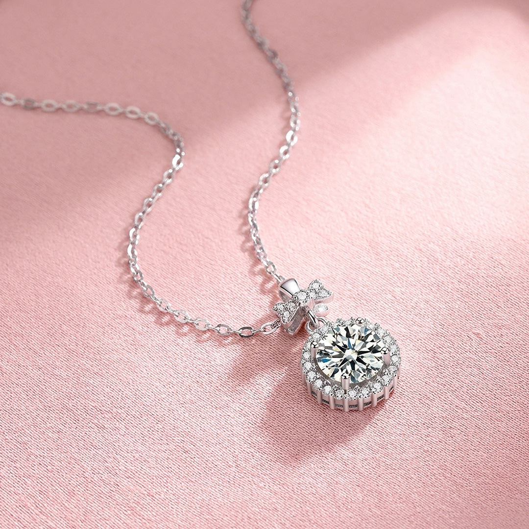 Bow &amp; Round Halo Moissanite Pendant Necklace | PRM2049