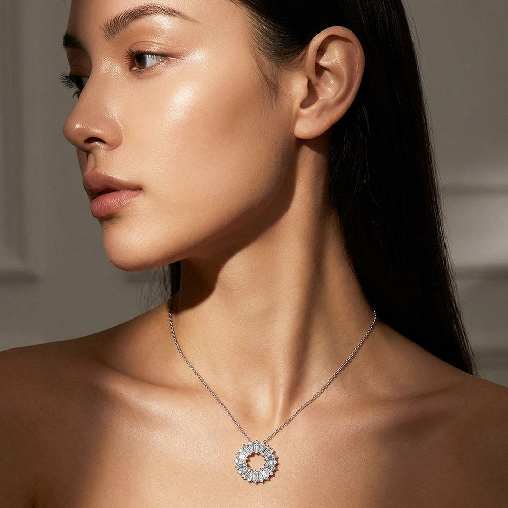 Baguette Sunburst Circle Pendant Necklace | PRM2054