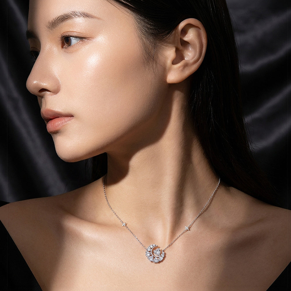 Crescent Moon Star Moissanite Necklace | PRM2056