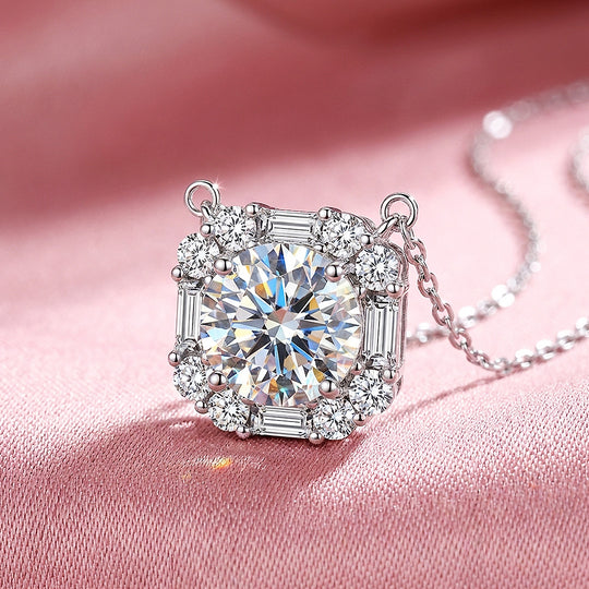 Square Mixed Halo Moissanite Necklace | PRM2058