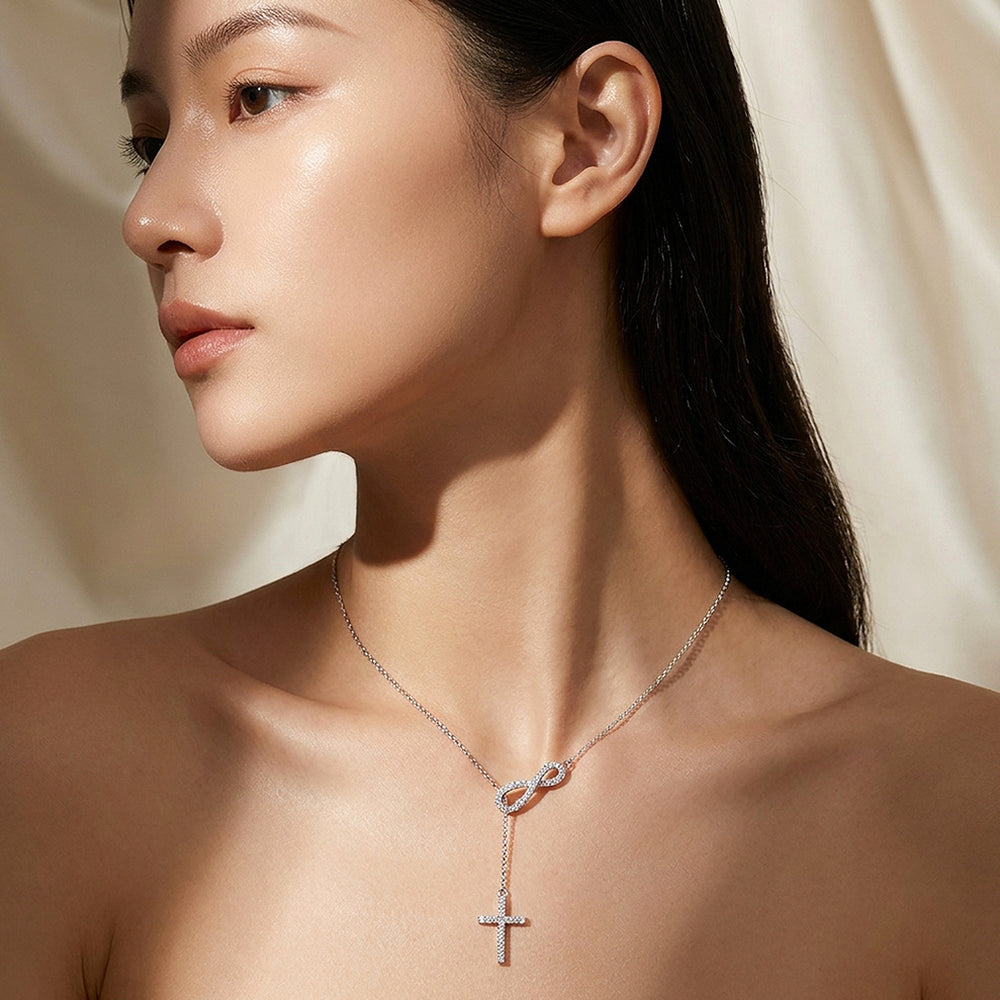 Infinity Cross Lariat Moissanite 925 Silver Pendant Necklace | PRM2074