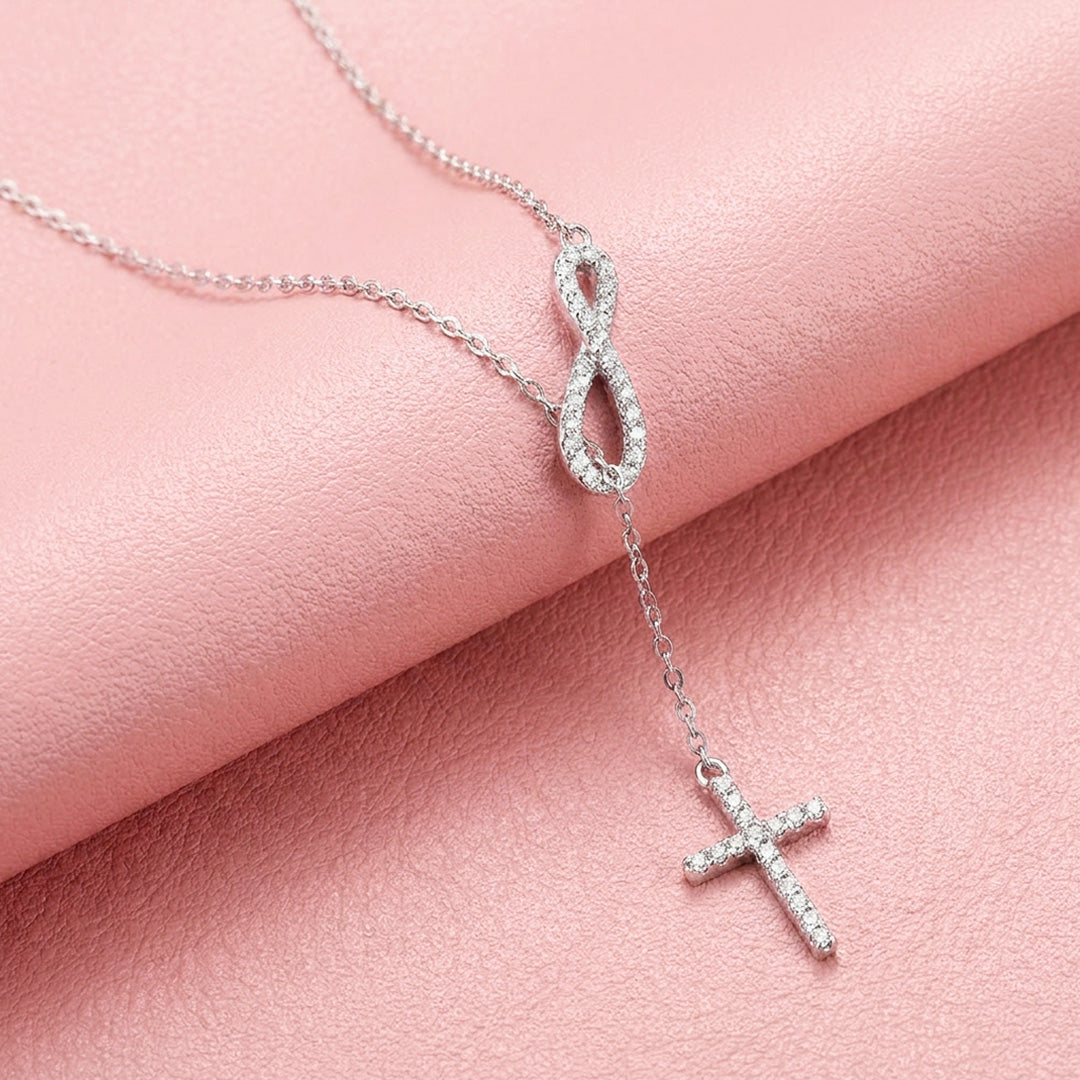 Infinity Cross Lariat Moissanite 925 Silver Pendant Necklace | PRM2074