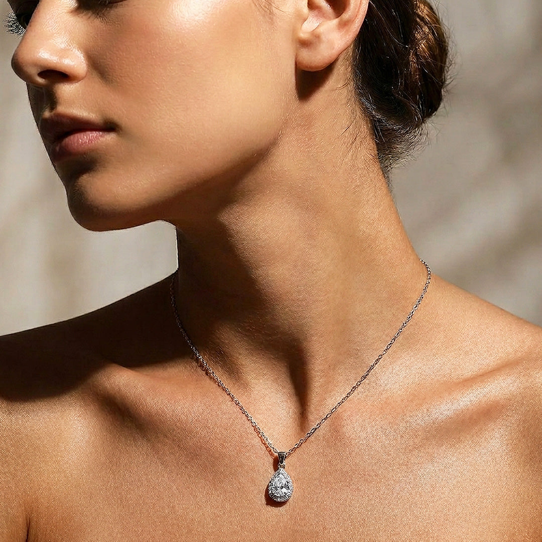 Pear Halo Moissanite 925 Silver Pendant Necklace | PRM2079