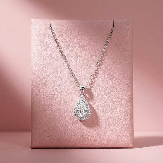 Pear Halo Moissanite 925 Silver Pendant Necklace | PRM2079