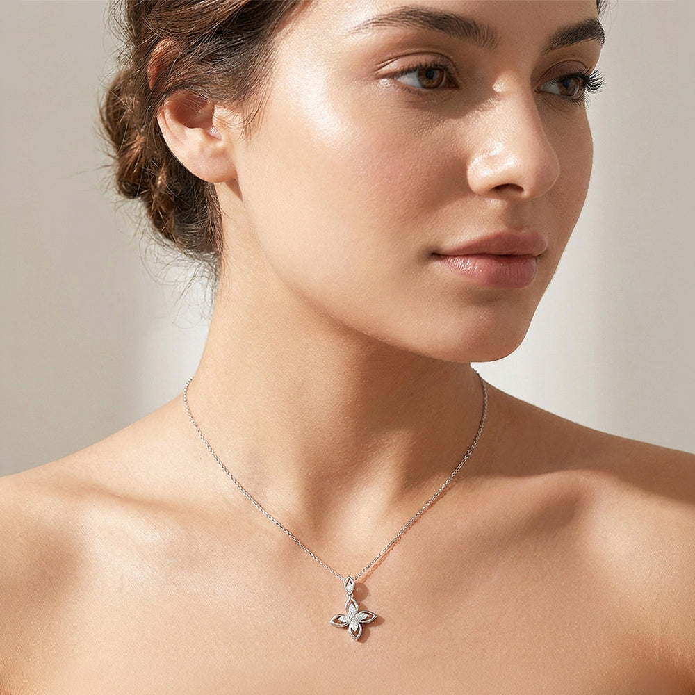 Four Petal Flower Moissanite 925 Silver Pendant Necklace | PRM2080