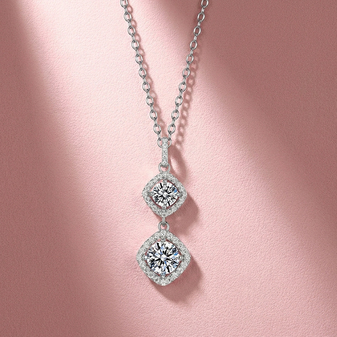 Double Halo Drop Moissanite 925 Silver Pendant Necklace | PRM2085