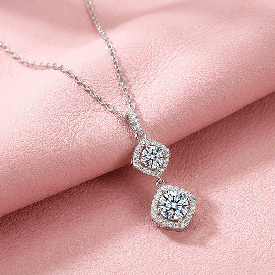 Double Halo Drop Moissanite 925 Silver Pendant Necklace | PRM2085