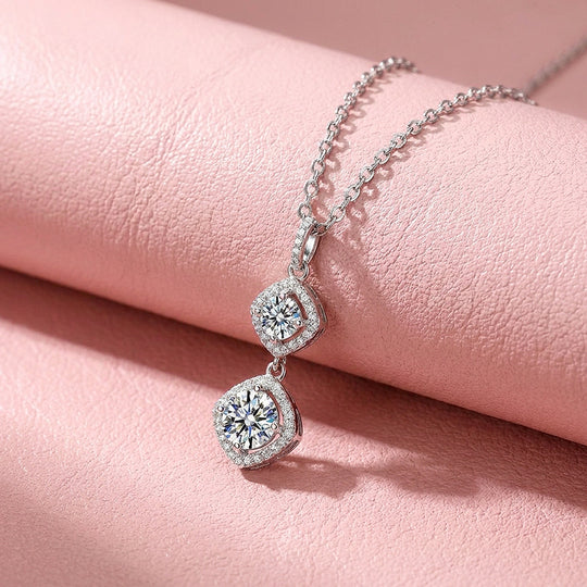 Double Halo Drop Moissanite 925 Silver Pendant Necklace | PRM2085