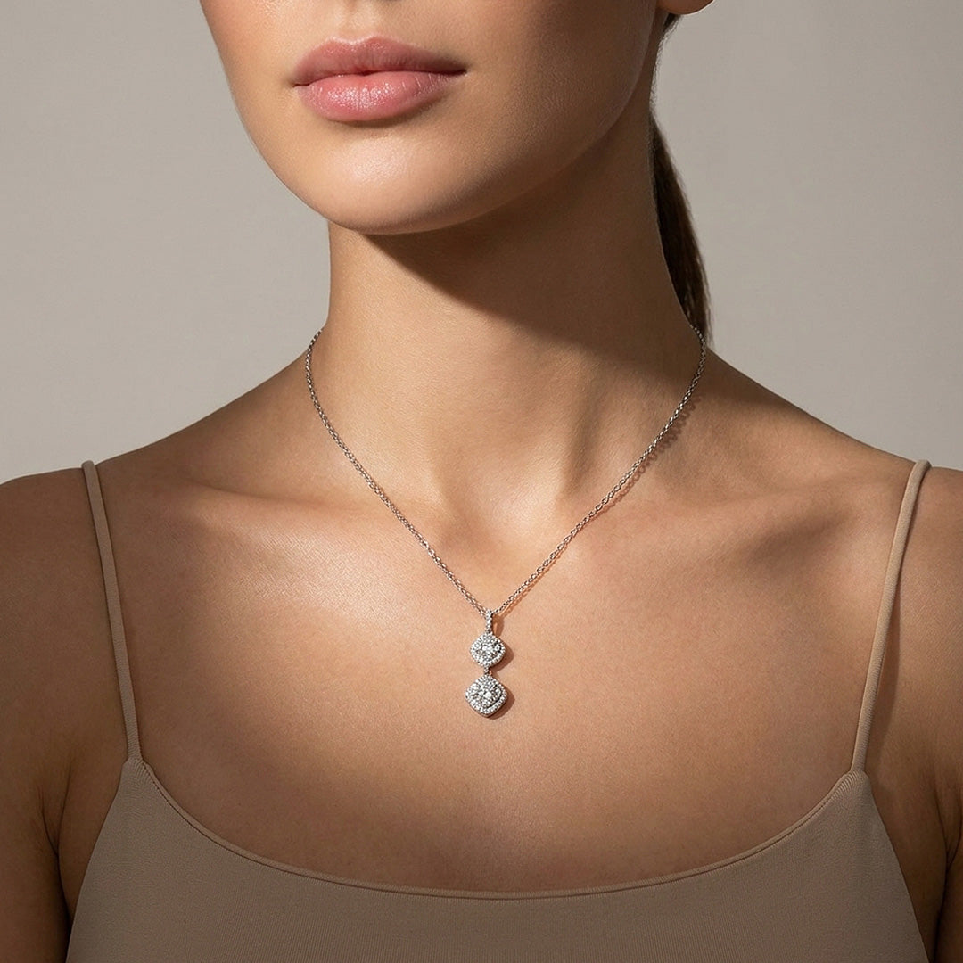 Double Halo Drop Moissanite 925 Silver Pendant Necklace | PRM2085