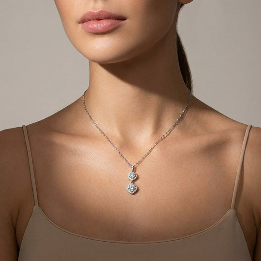 Double Halo Drop Moissanite 925 Silver Pendant Necklace | PRM2085