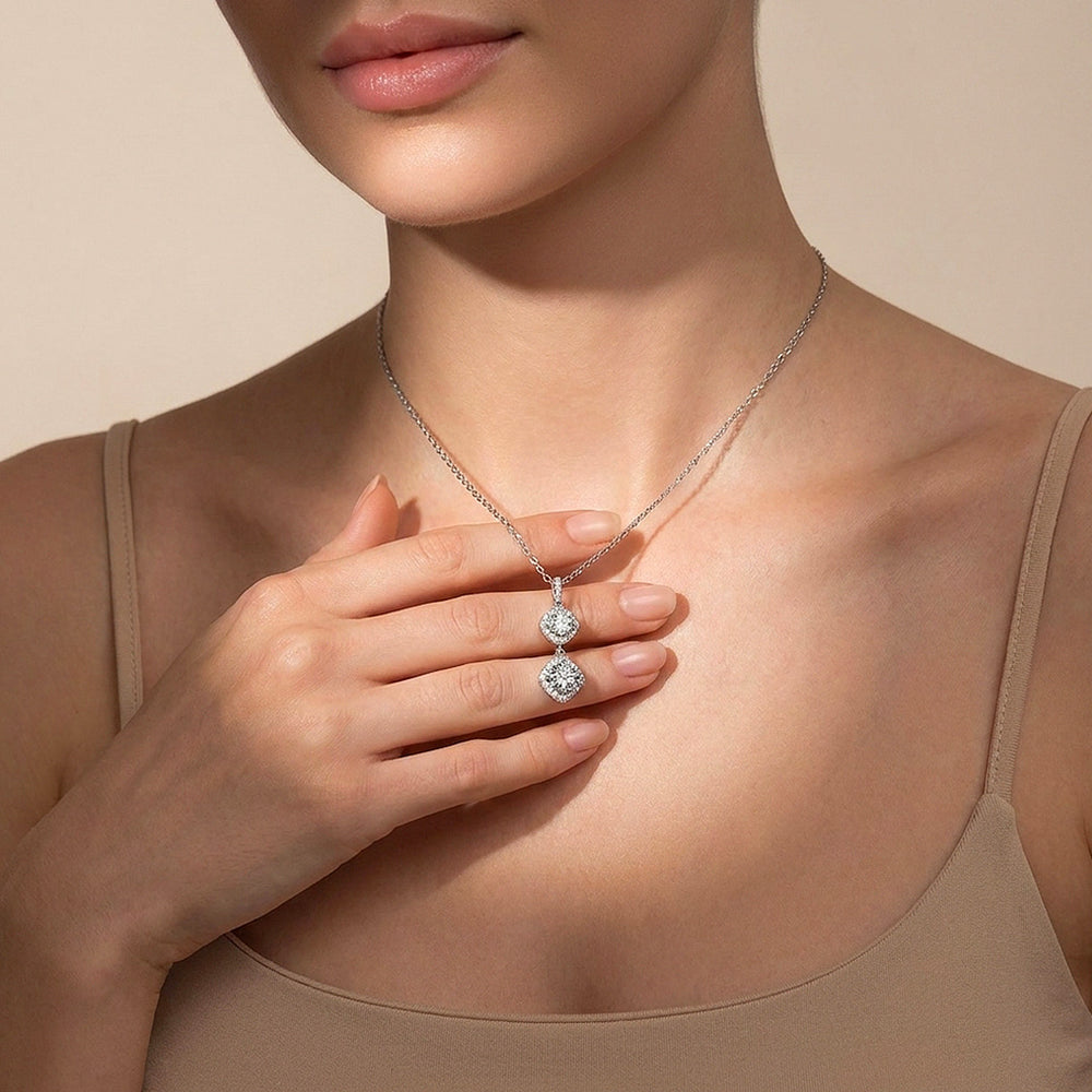 Double Halo Drop Moissanite 925 Silver Pendant Necklace | PRM2085
