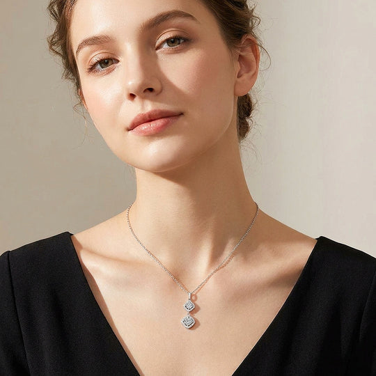 Double Halo Drop Moissanite 925 Silver Pendant Necklace | PRM2085