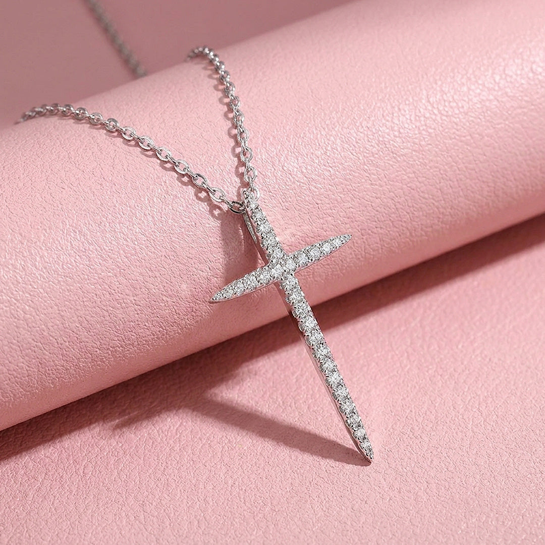 Pavé Cross Moissanite 925 Silver Pendant Necklace | PRM2086