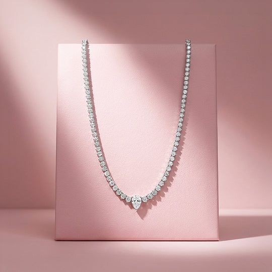 Graduated Pear Cut Moissanite 925 Silver Tennis Necklace | PRM2087