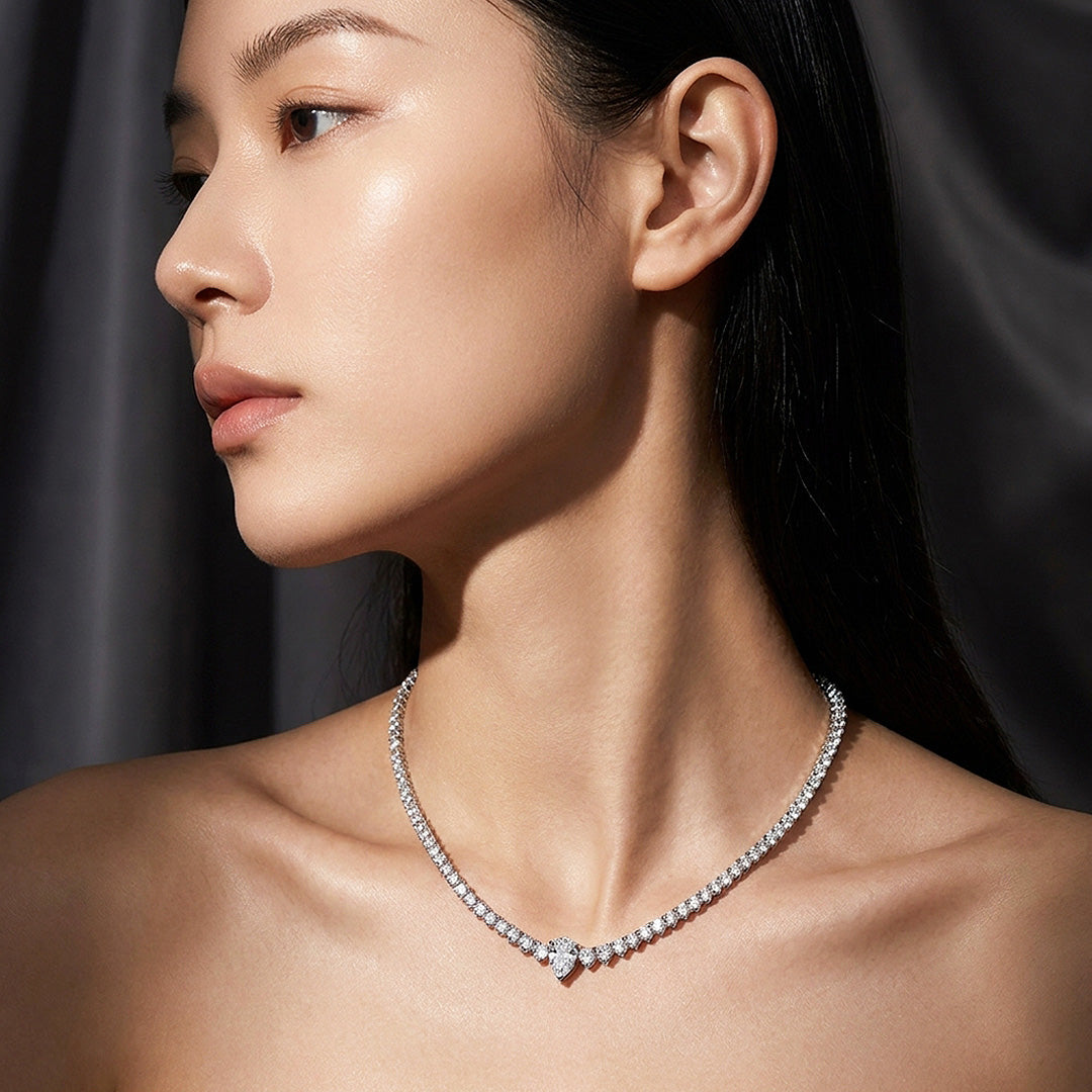 Graduated Pear Cut Moissanite 925 Silver Tennis Necklace | PRM2087