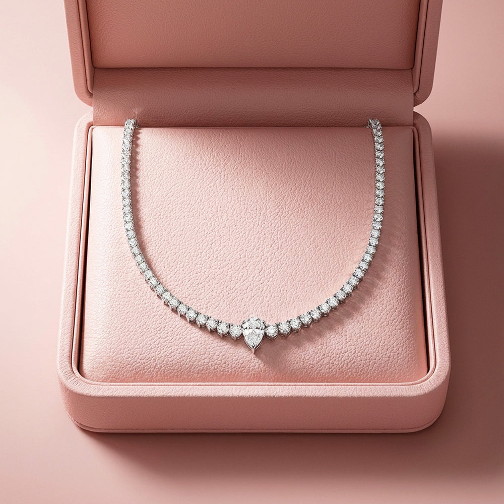 Graduated Pear Cut Moissanite 925 Silver Tennis Necklace | PRM2087