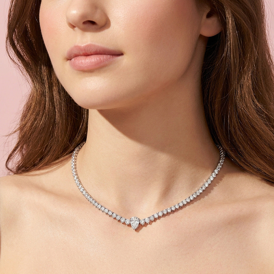 Graduated Pear Cut Moissanite 925 Silver Tennis Necklace | PRM2087