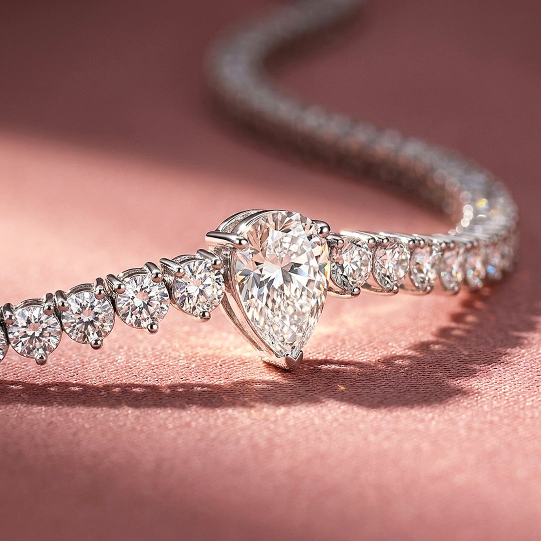 Graduated Pear Cut Moissanite 925 Silver Tennis Necklace | PRM2087