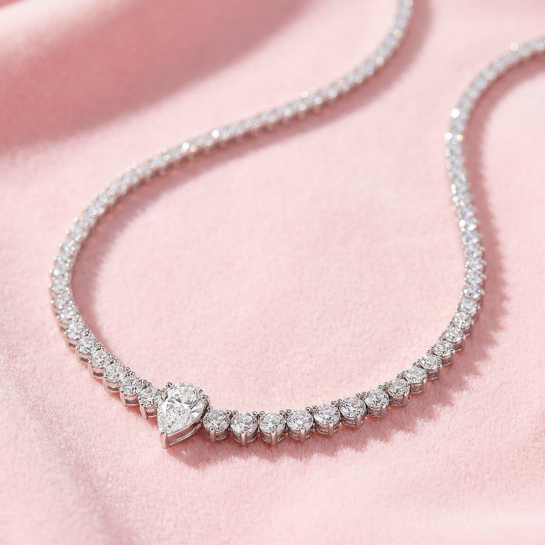 Graduated Pear Cut Moissanite 925 Silver Tennis Necklace | PRM2087