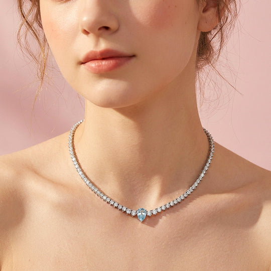 Graduated Blue Pear Cut Moissanite 925 Silver Tennis Necklace | PRM2088