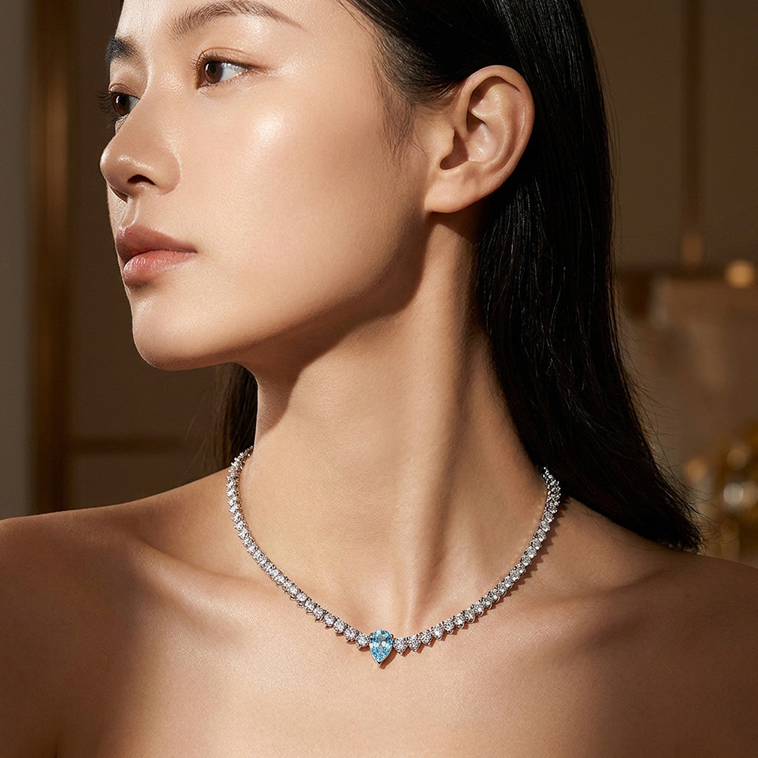Graduated Blue Pear Cut Moissanite 925 Silver Tennis Necklace | PRM2088