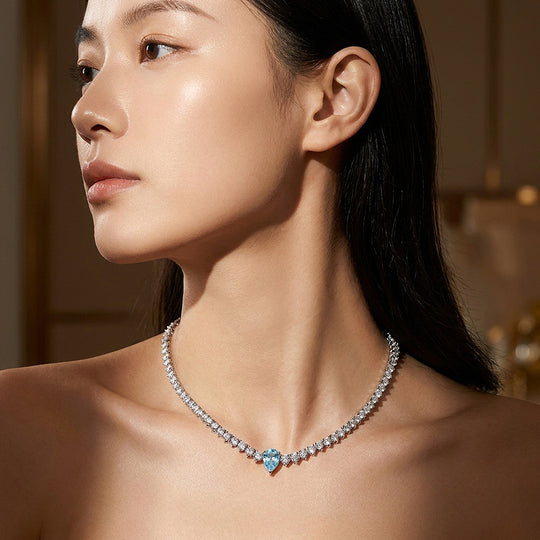 Graduated Blue Pear Cut Moissanite 925 Silver Tennis Necklace | PRM2088