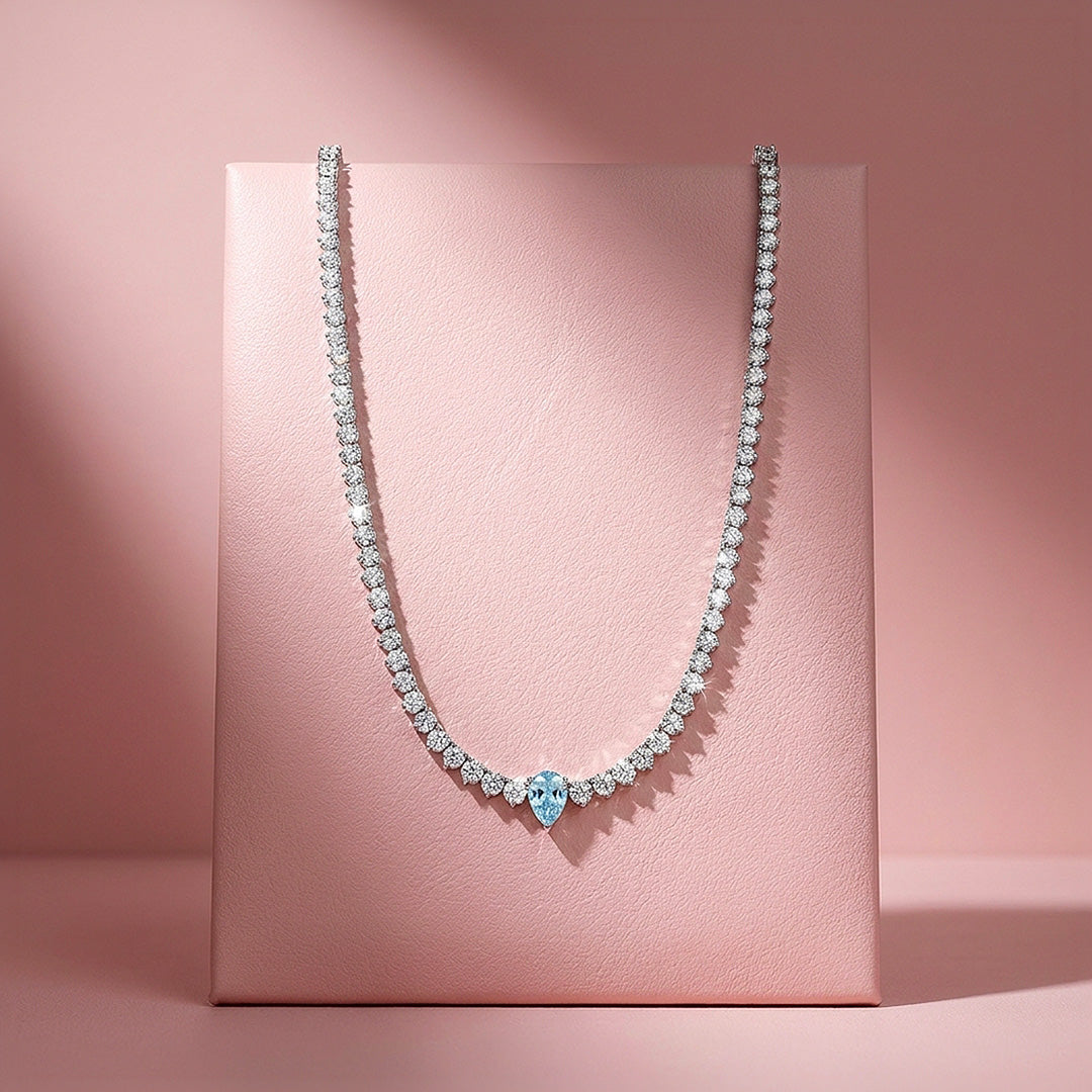 Graduated Blue Pear Cut Moissanite 925 Silver Tennis Necklace | PRM2088