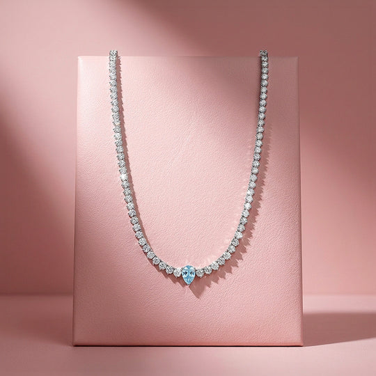 Graduated Blue Pear Cut Moissanite 925 Silver Tennis Necklace | PRM2088