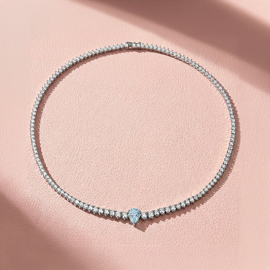Graduated Blue Pear Cut Moissanite 925 Silver Tennis Necklace | PRM2088