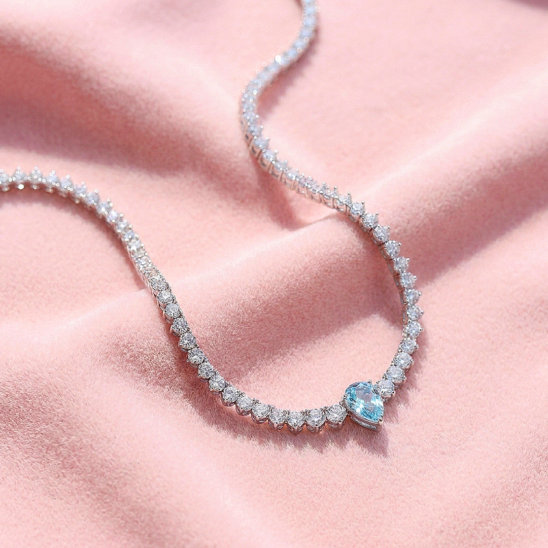 Graduated Blue Pear Cut Moissanite 925 Silver Tennis Necklace | PRM2088